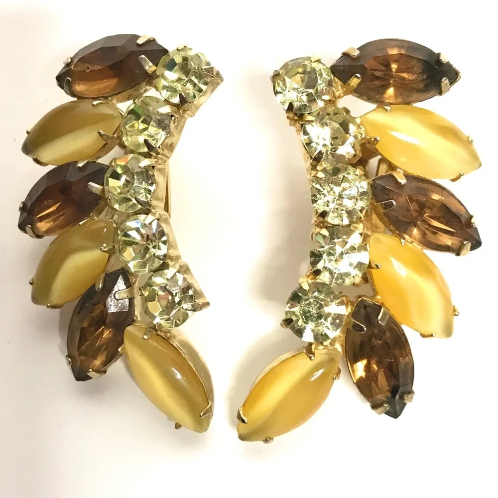 Vintage Rhinestone Earrings Ear Climbers Clip Gold